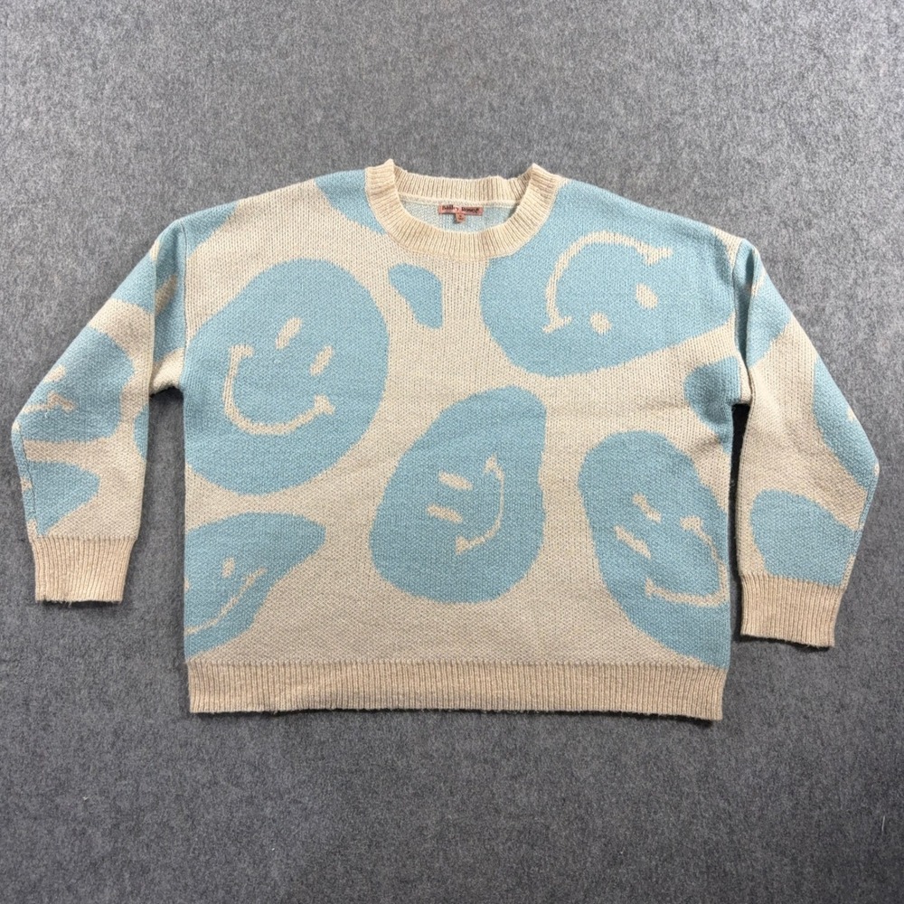 Bailey Rose Womens Oversized Knit Sweater Medium Cream Distorted Smiley Face
